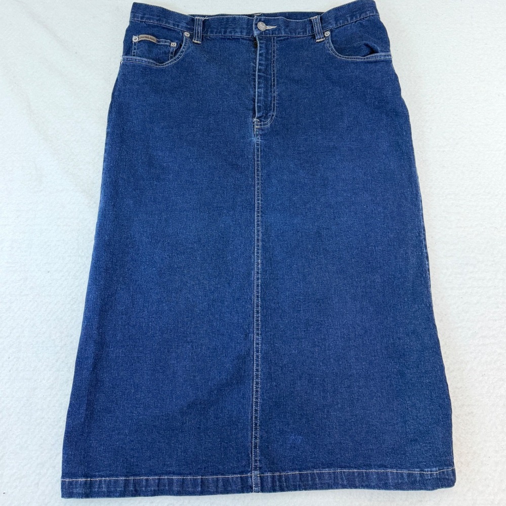 Calvin Klein Jeans Womens Dark Wash Denim Midi Skirt Size 12 Stretch Blue 90s